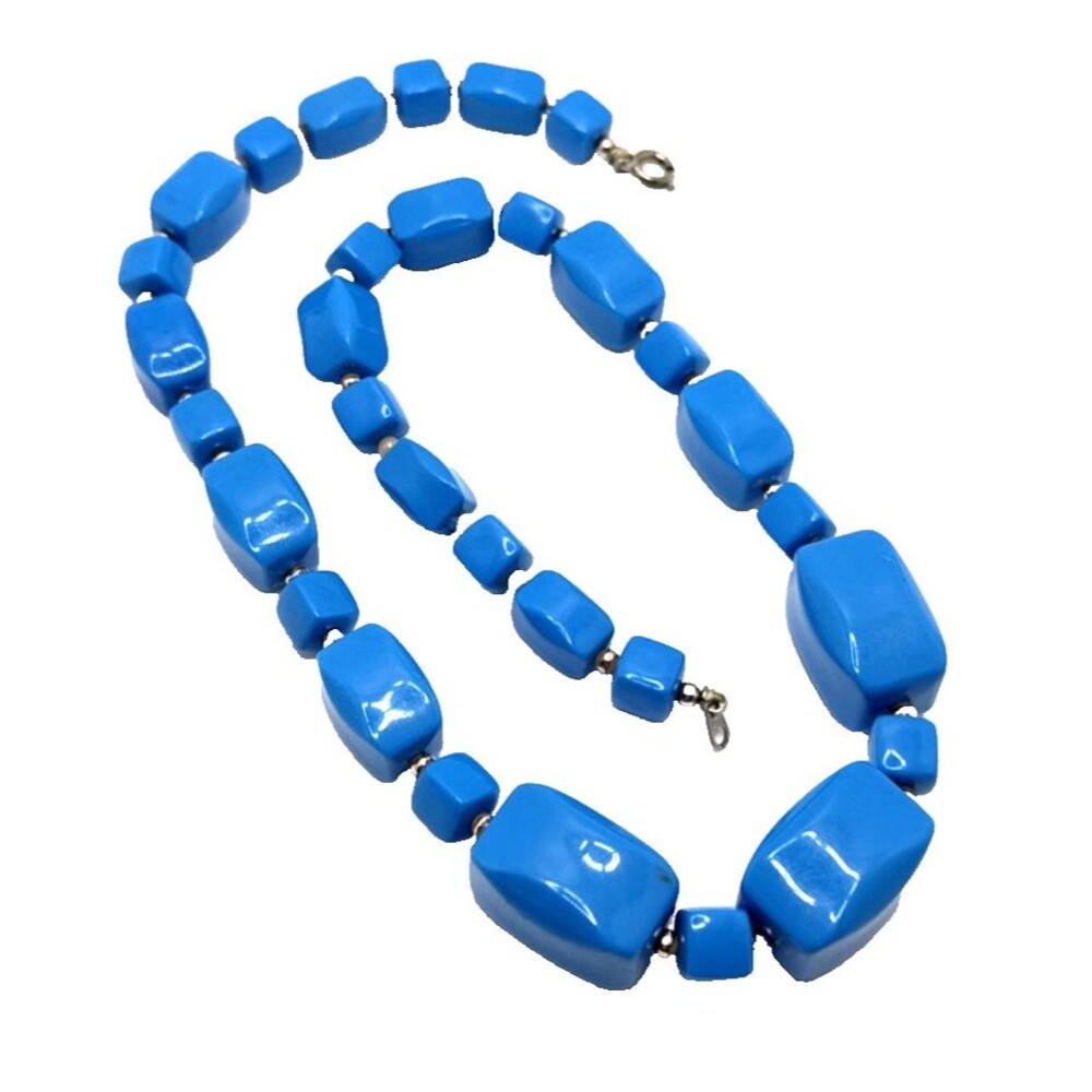 Vintage MCM Chunky Blue Lucite Necklace Graduated Beaded Statement 18"
